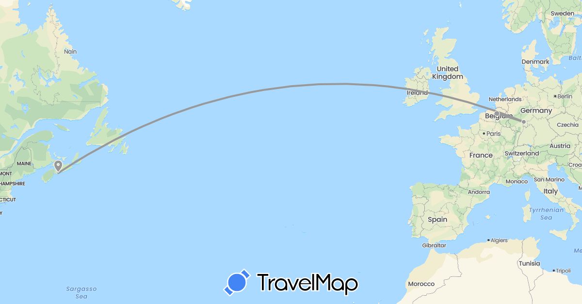 TravelMap itinerary: driving, plane in Belgium, Canada, Germany (Europe, North America)